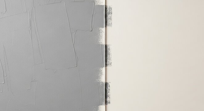 Half painted gray wall background with rough texture. Modern minimalist abstract interior design concept for renovation or home decor.