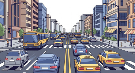 City Street with Cars and Buses.