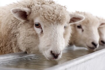 Fototapeta premium Sheep Drinking Water From Trough