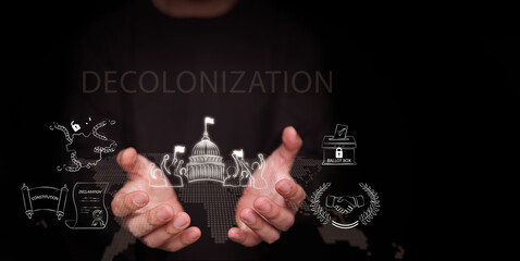 Decolonization concept. Both hands supporting the government building with a broken chain, National liberation, national freedom, democracy, declaration, sovereignty, transition to self-governance.
