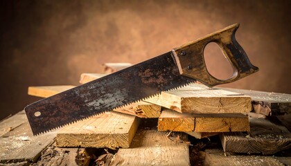 Vintage Hand Saw Resting on Stacked Lumber Pieces.