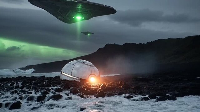 Alien UFO invasion fleet descends on stormy beach, landing craft glows