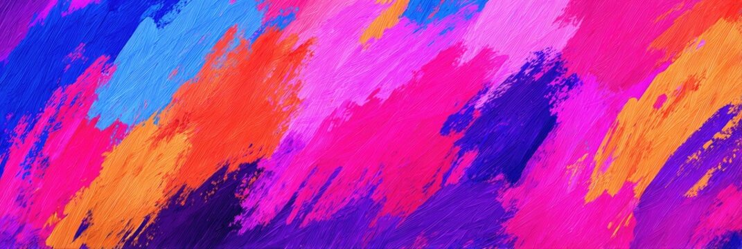 Colorful abstract painting featuring bold brushstrokes in various vibrant hues. Diagonal streaks create texture