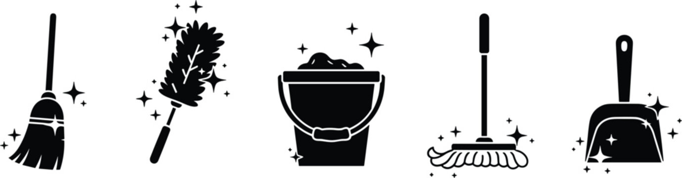 Cleaning service icon set, broom duster bucket mop and dustpan symbols, sparkling hygiene tools isolated on white background, vector illustration,