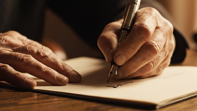 Elderly hands writing with fountain pen
