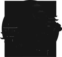 Stylized silhouettes depict a mountain landscape with pagodas and cloudy skies