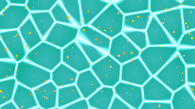 Abstract Glowing Polygonal Grid Background with Scattered Orange Particles on Teal Blue Surface