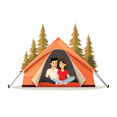 Obraz premium Couple camping inside tent enjoying outdoor adventure
