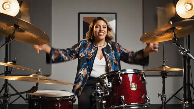 Woman playing drums in studio