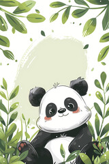 Fototapeta premium Cute cartoon panda sitting with green leaves for nursery decoration. Childish animal illustration for kids design print or cover.