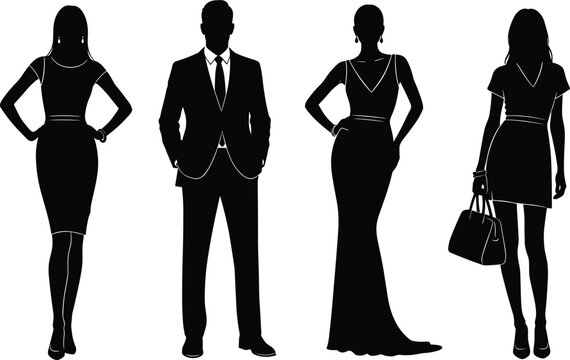 Fashion silhouette vector illustration featuring four stylish figures in dresses, suit, handbag, elegant poses, formal attire, monochrome decorative artwork