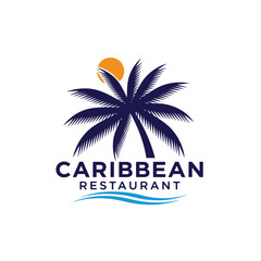 Obraz premium Caribbean Restaurant Logo Featuring Palm Tree and Sun Symbol.