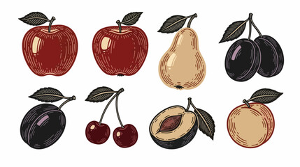 Collection of hand-drawn fruits including apples, pears, and cherries