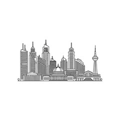 Obraz premium Minimalist Black and White Line Art of City Skyline with Iconic Landmarks