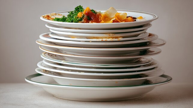 Stacked white dinner plates with remnants of food, including vegetables and sauces, arranged on a light surface, showcasing a messy dining experience