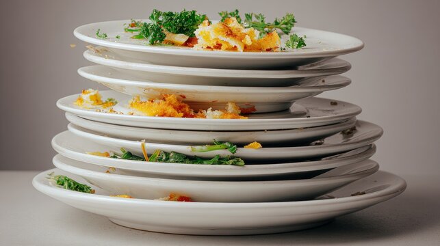 Stacked dirty white plates with leftover food scraps and green garnish on a light gray surface, showcasing a messy dining experience in a modern kitchen setting