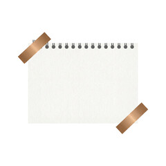 A horizontal blank notebook page taped at two corners.