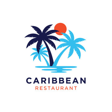 Caribbean Restaurant Logo Featuring Palm Trees and Sunset Over Water.