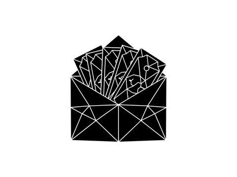 A black and white low-poly vector illustration of an open envelope containing several banknotes, perfect for finance, gift, or payment concepts.
