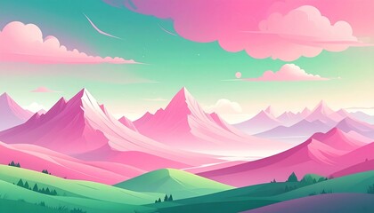 Digital illustration of pastel mountains under a dreamy sky with fluffy pink clouds