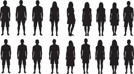 "Silhouettes of diverse male and female human figures standing upright in rows, representing gender, posture, and shape for design, study, and visual identification purposes" © Hello World