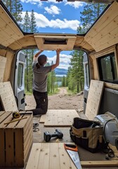 Fototapeta premium Woman building out a van interior with wood paneling. Campervan conversion project. DIY travel and adventure lifestyle. Vanlife concept.