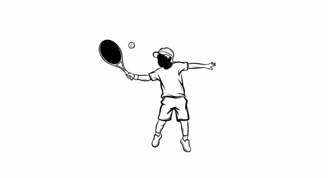 Stylized sketch of a young person playing tennis with racket and ball