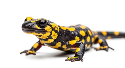 Fototapeta premium Fire salamander with black and yellow spots on white background