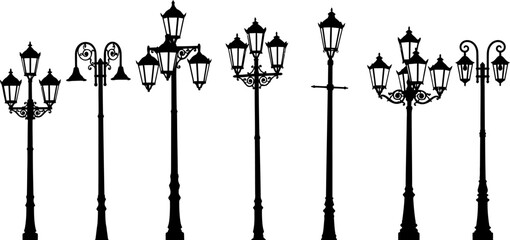 Collection of vintage street lamps on white background