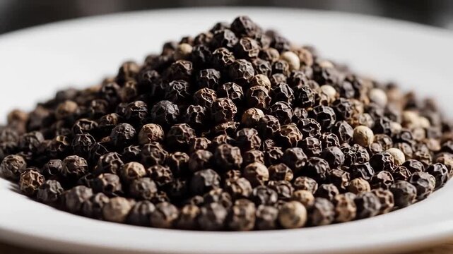 Closeup macro shot of a pile of whole black peppercorns on a white plate showcasing the texture and detail of the spice used in cooking and seasoning.