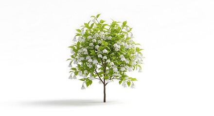 Obraz premium Flowering tree with white bell flowers and green leaves isolated