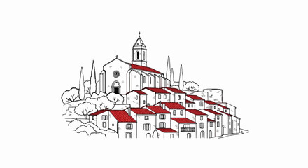Fototapeta premium Stylized drawing of a European village with a church and red roofs