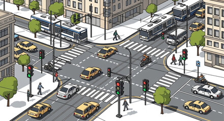 City Street with Taxis and Pedestrians. © Reza