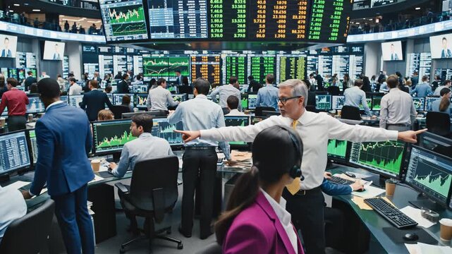 Busy stock trading floor with traders