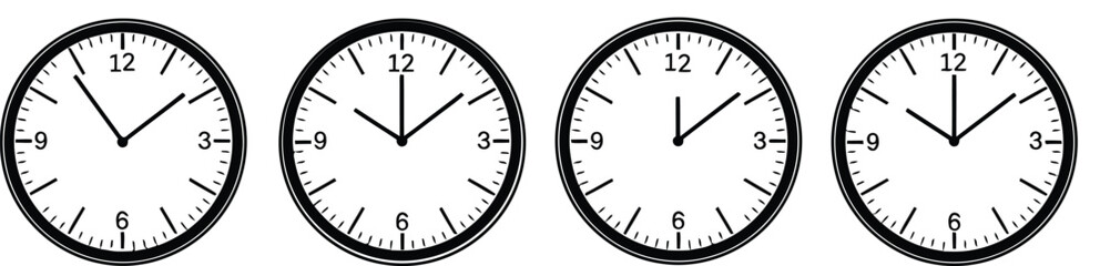 Four analog clocks showing different times in a row