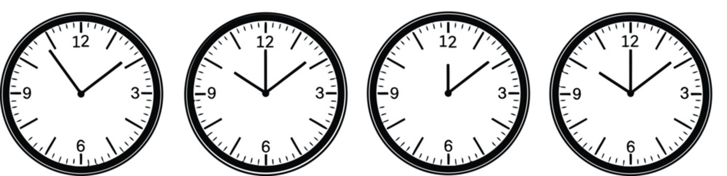 Four analog clocks showing different times in a row