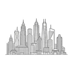 Obraz premium Outline Illustration of a Modern City Skyline with Skyscrapers and Urban Architecture