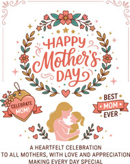  Happy Mother's Day 2026 Greeting Card Design with Hand Drawn Lettering and Floral Silhouette on White Background 2026 