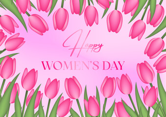 Illustration of a greeting card for Women's Day with tulips on a light pink background.
