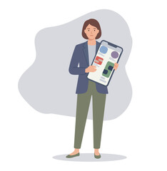 Online Shopping Concept. Female Customer Characters Buying Goods at Huge Digital Gadget Screen stock illustration