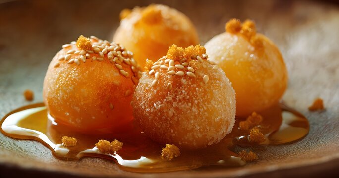 Soft fluffy sphere of Japanese tempura battered mochi enclose sweet fragrant yuzu gele crunchy sesame seed crouton clean professional stock photo sharp macro photography style cinematic realism ultra