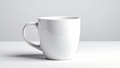 Fototapeta premium Plain white ceramic coffee mug with curved handle, sitting on white surface against a gray background