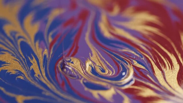 Mesmerizing Abstract Swirls of Vibrant Colors Gold Blue and Red Paint Mixing and Flowing in a CloseUp Macro Shot.