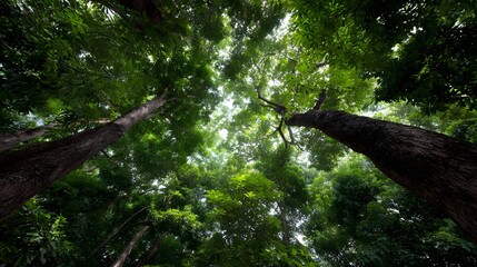 Fototapeta premium Looking up into a vibrant dense forest canopy revealing towering trees lush green foliage and sunlight filtering through the branches