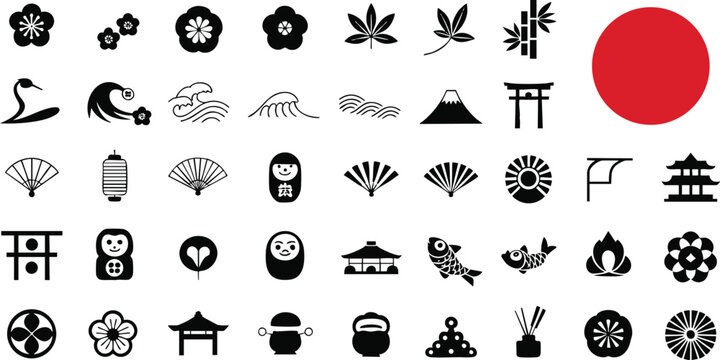 Japanese traditional icon set (Flower, Nature, Food, pattern, etc