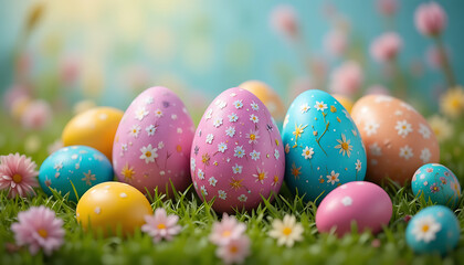 Fototapeta premium Close-up of Easter eggs in lush green grass, eggs in pink, blue, yellow, and peach with white daisy-like decorations, soft blurred spring background with light pink flowers.