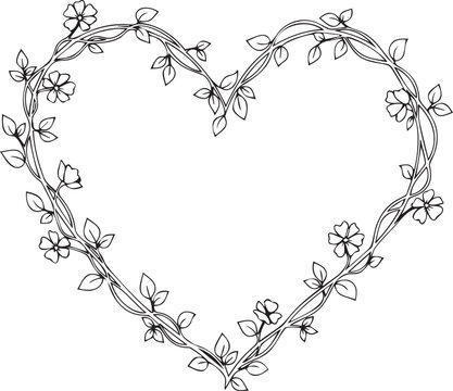 Elegant floral heart wreath with delicate black line art vines and blooming flowers for romantic wedding invitations and cards