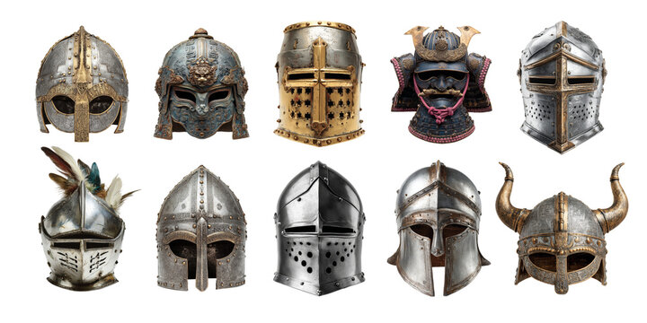 Set of medieval helmets isolated on transparent backgorund. Concept of western and eastern medieval armor.