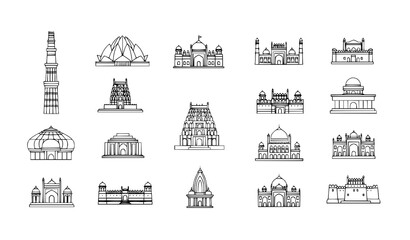 Obraz premium Famous Indian Monuments Minimal Fill Icon Set Qutub Minar Lotus Temple Red Fort Vector