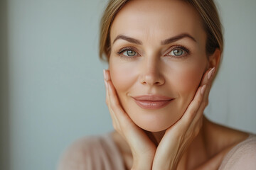 Mature woman supporting chin facial care concept at home